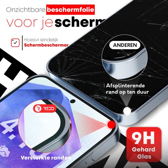Telefoon met gebroken scherm; "Onzichtbare beschermfolie"; "Versterkte randen".