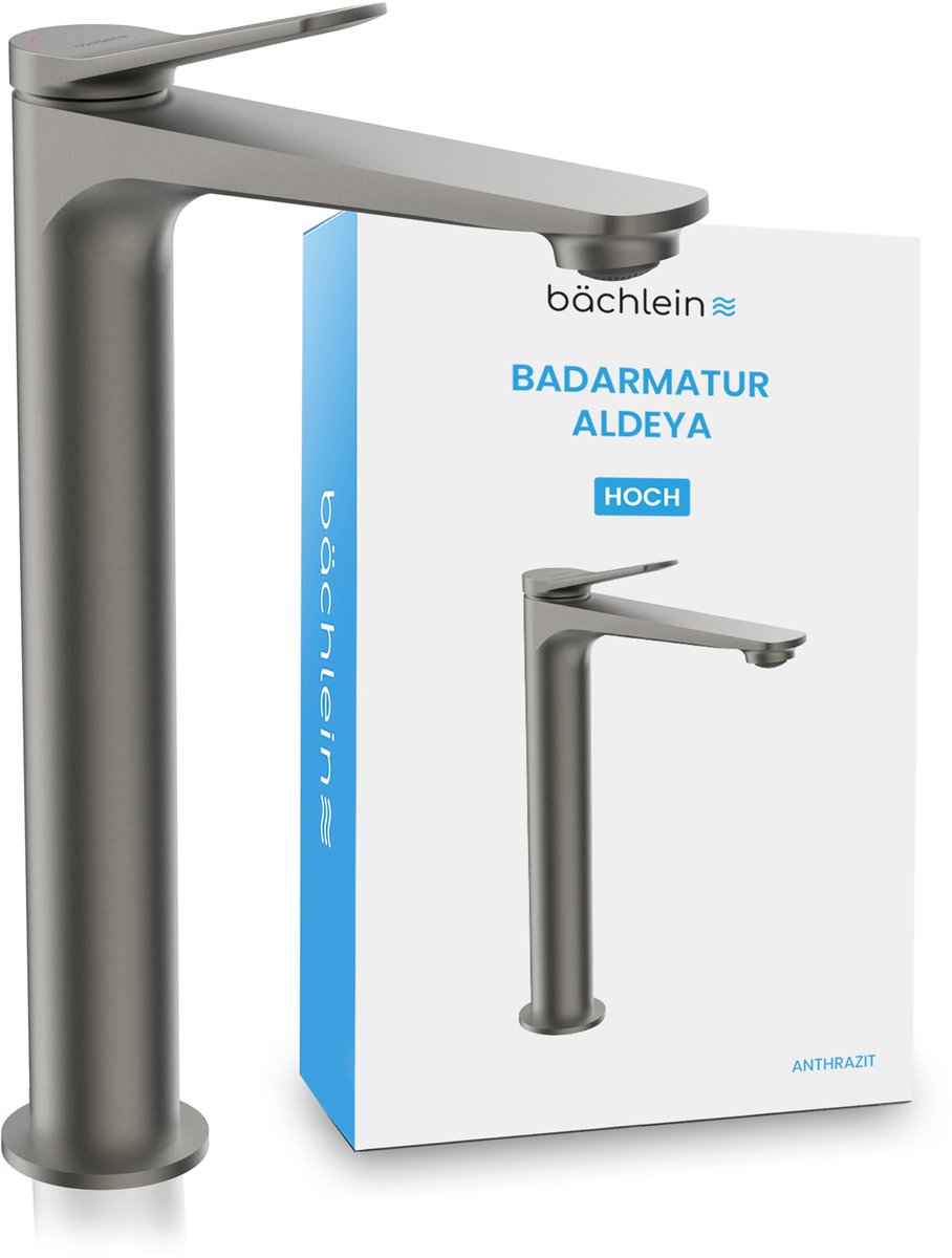Bächlein badkamerkraan Aldeya high in modern design, extra hoge ééngreepsmengkraan voor opzetwastafel met bevestigingsset, badkamerkraan antraciet