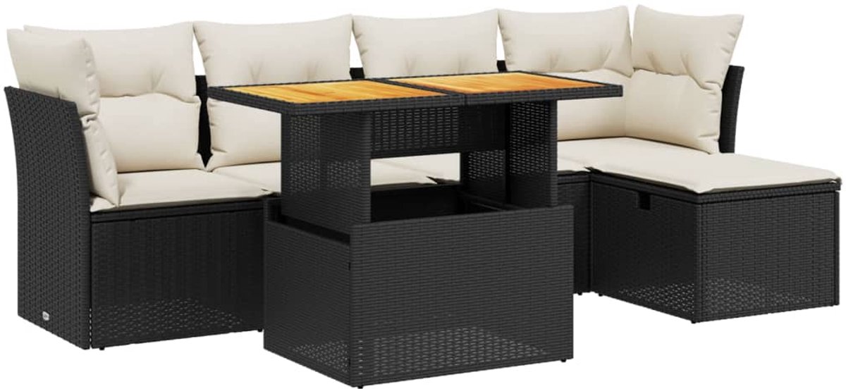 The Living Store 6-delige Loungeset met kussens poly rattan zwart - Tuin Lounge Set - Loungebank - Buitendecoratie - Outdoor Furniture - Pe Rattan