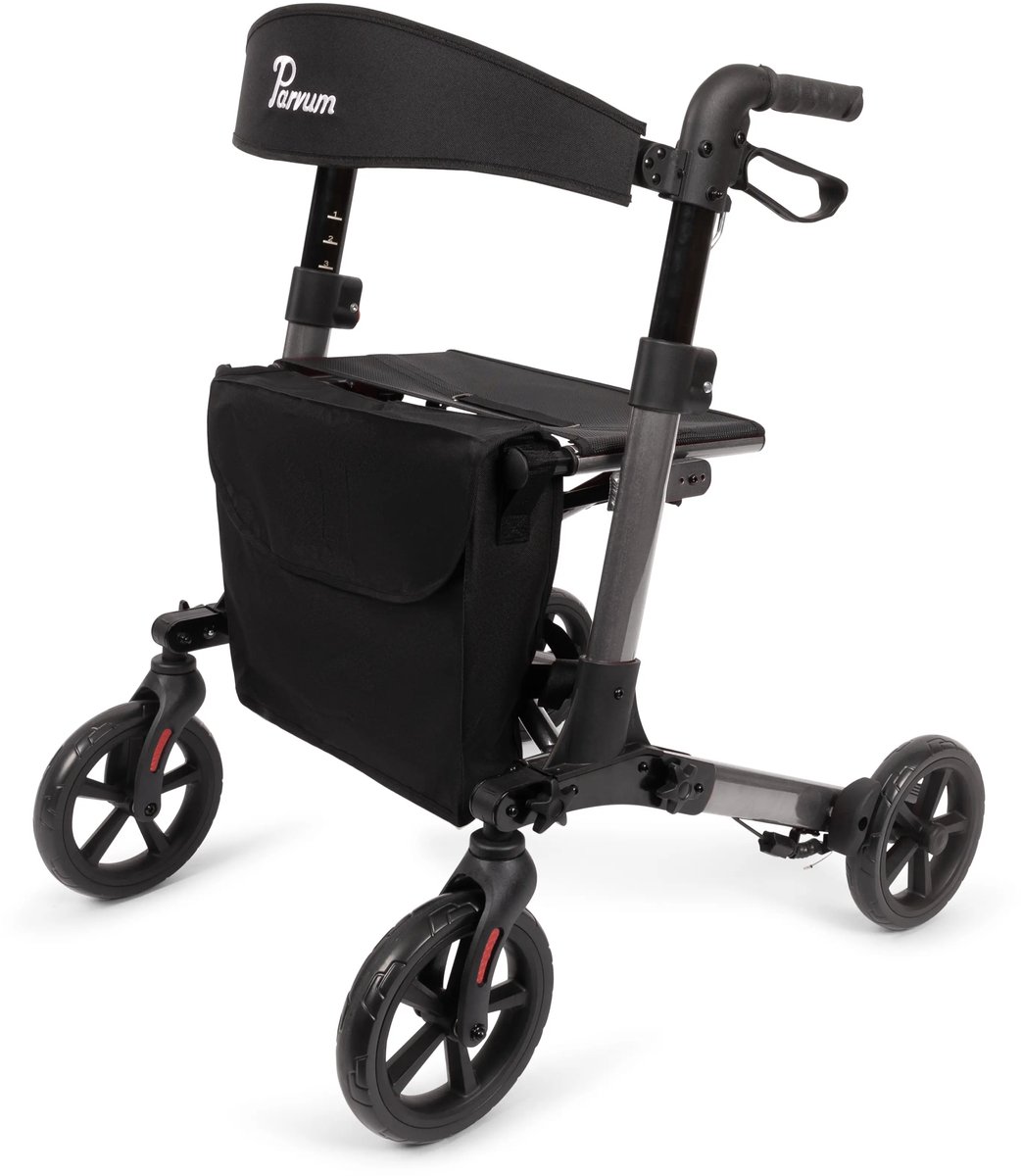 Goedkoopste Parvum Brava - Driedubbel én dubbel opvouwbare rollator - Opvouwbaar tot klein pakketje - Remkabels weggewerkt - Inclusief tas, stokhouder en rugband - Antraciet