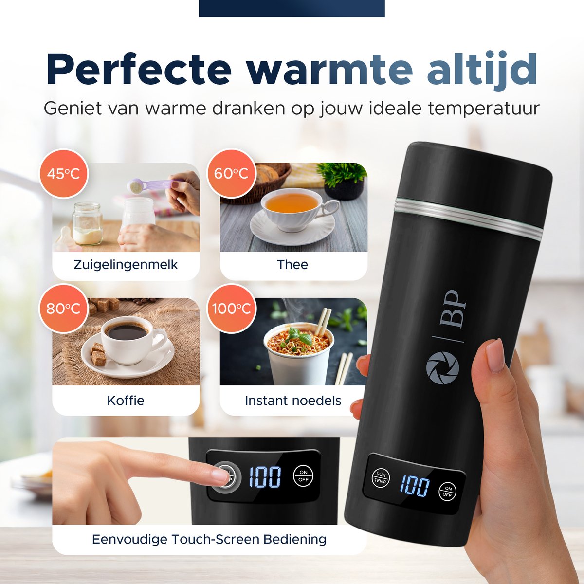 BP® Draagbare Waterkoker - Mini Waterkoker - Kleine Waterkoker - Reis Waterkoker - Camping Waterkoker - Met Temperatuurregeling - Roestvrij Staal - Zwart — afbeelding 5