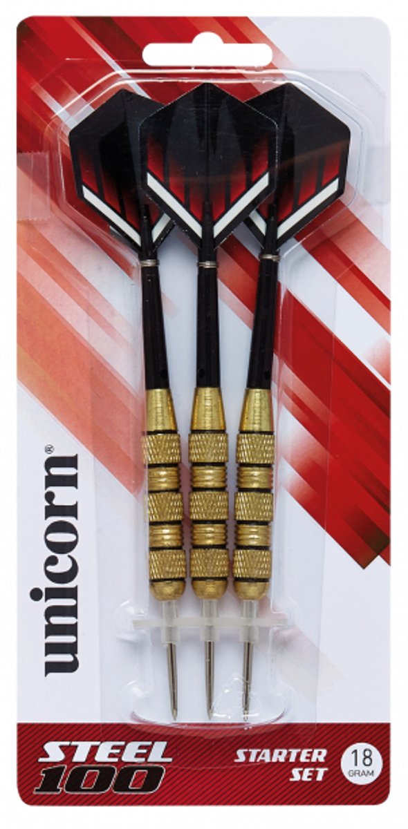 Unicorn Dartpijlen Starter Set |Premium Brass Pijlen - Steeltip - Inclusief Dart Flights |Coated Messing Darts |Geavanceerde dart-technologie |Perfect platform |Gecoate dartpunt voor maximale grip| GOLD |STEEL 100| 18g| 16CM |3X Pijlen