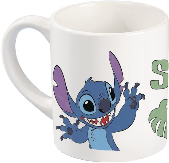 Witte drinkbeker met vrolijke, blauwe Stitch-opdruk; hij zwaait met zijn pootjes.