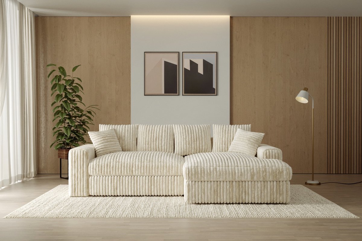 Hoekbank Rivanna- ultra dikke ribstof- lounge Rechts- Beige- hoeksalon love Seat beige