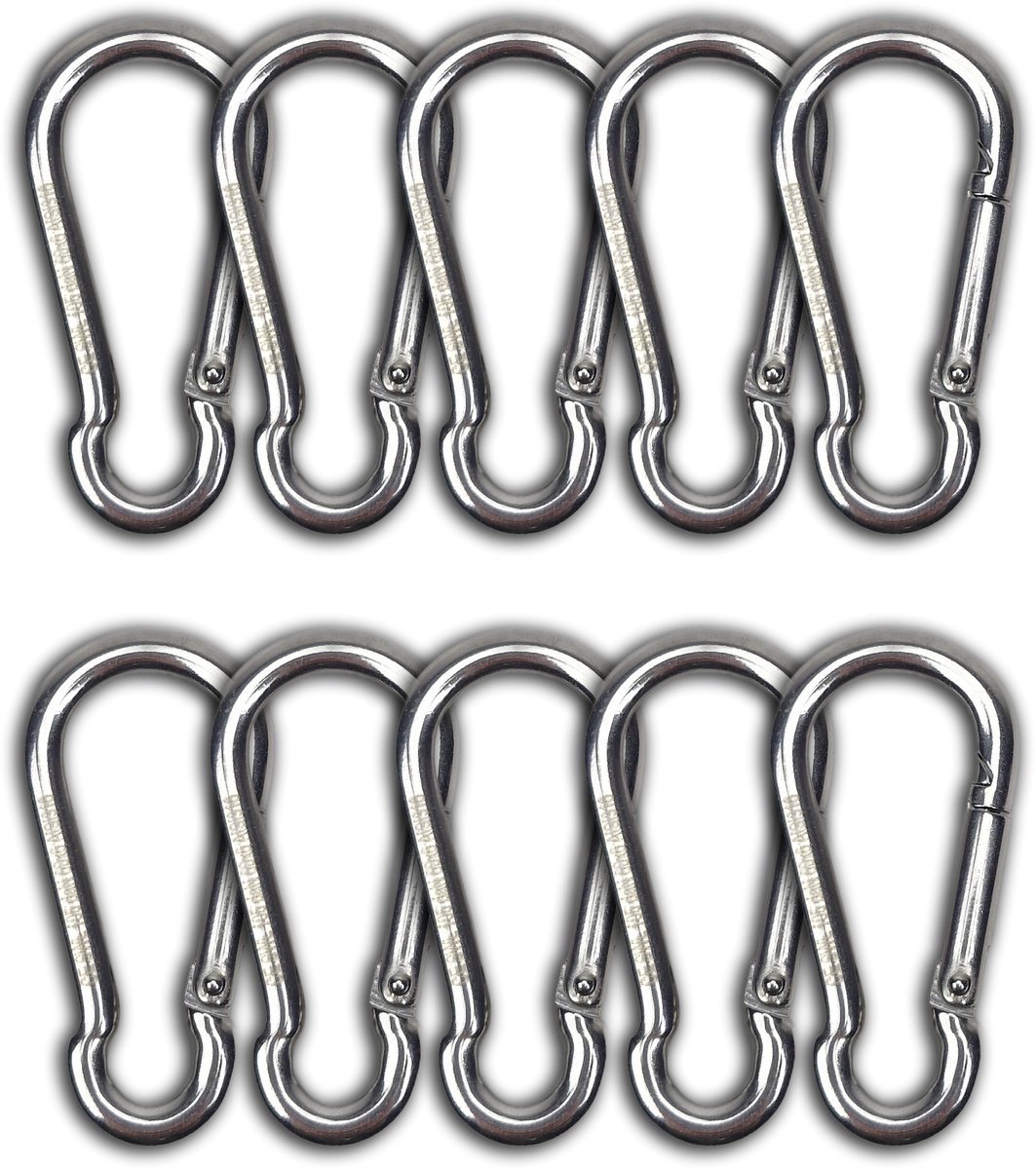 BCF-Products - Karabijnhaak - 6x60mm - 10 stuks - RVS 316 - Musketonhaak - Carabiner - Klein