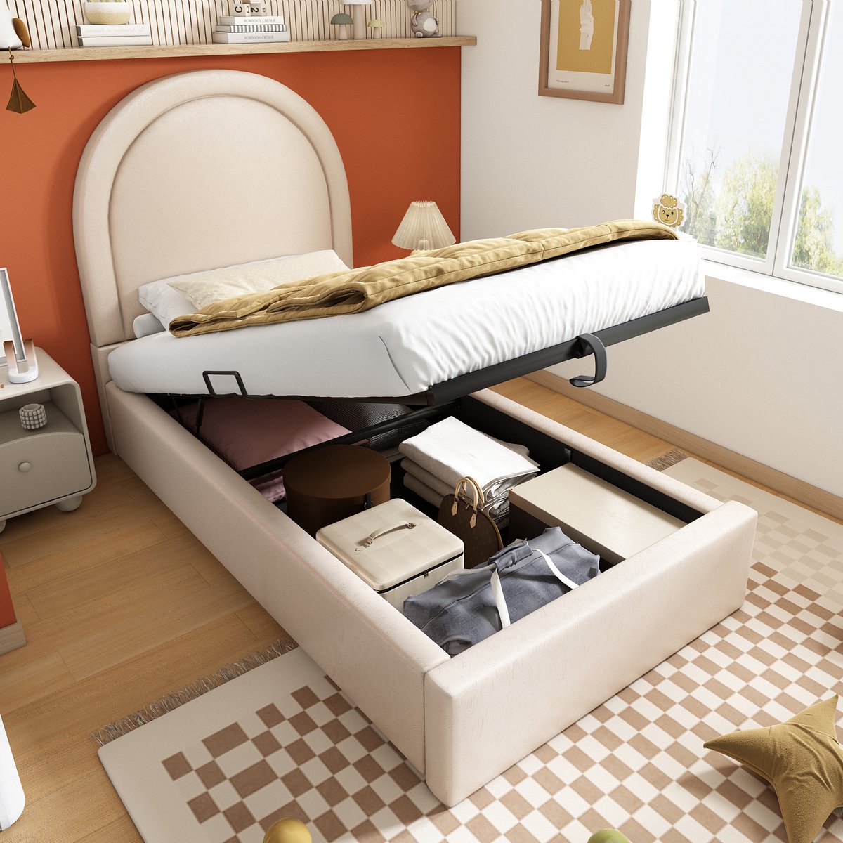 Kinderbed, Eenpersoonsbed Met Cosmisch Patroon, 90 x 200 cm, Beige, PU Voor Jongens & Meisjes (Zonder Matras)