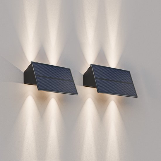HOFTRONIC - 2x Solar Wandlamp Zwart - Up and Down - Schuttingverlichting - 2 lichtstanden - IP54 Waterdicht - 3000K Warmwit licht - Solar buitenlamp
