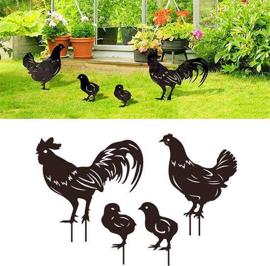 Unyqoos ® Metalen Kippenfamilie Tuindecoratie Set van 4 Stuks voor Buiten van Unyqoos — afbeelding 3
