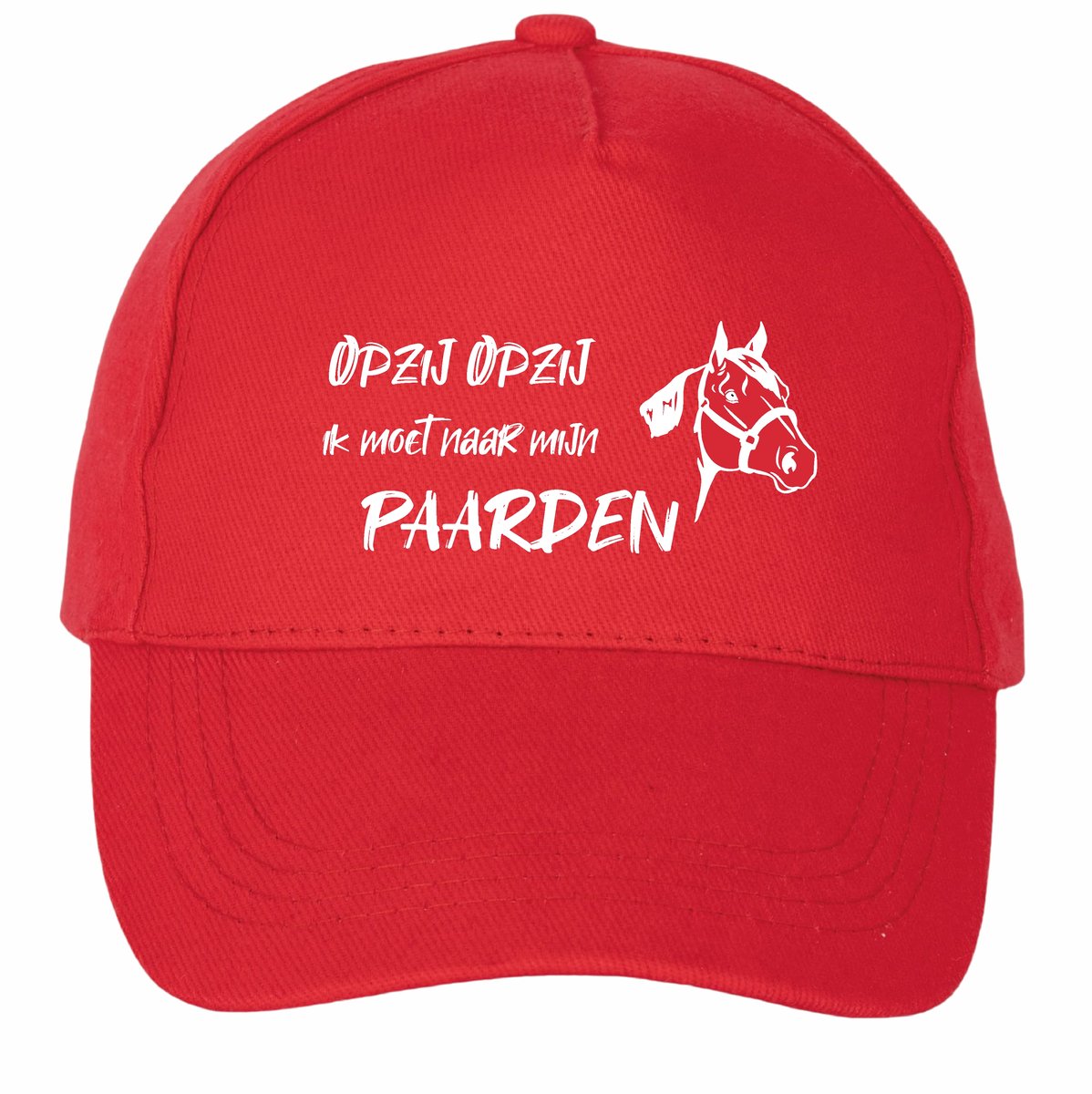 Mijncadeautje - 5 panel - Cap - Verstelbaar - Pet van 100% dik geborsteld katoen- unisex - opdruk wit - opzij opzij naar mijn paarden - rood