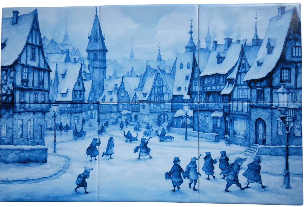 MadDeco Nederlands fabrikaat Winters tafereel stijl van Anton Pieck op plateau van 6 tegels Friese Witjes 13 x 13 cm per tegel