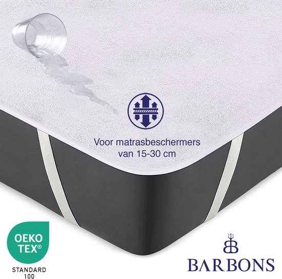 Matrasbeschermer met water erop, voor matrassen van 15-30 cm. Logo BARBONS.