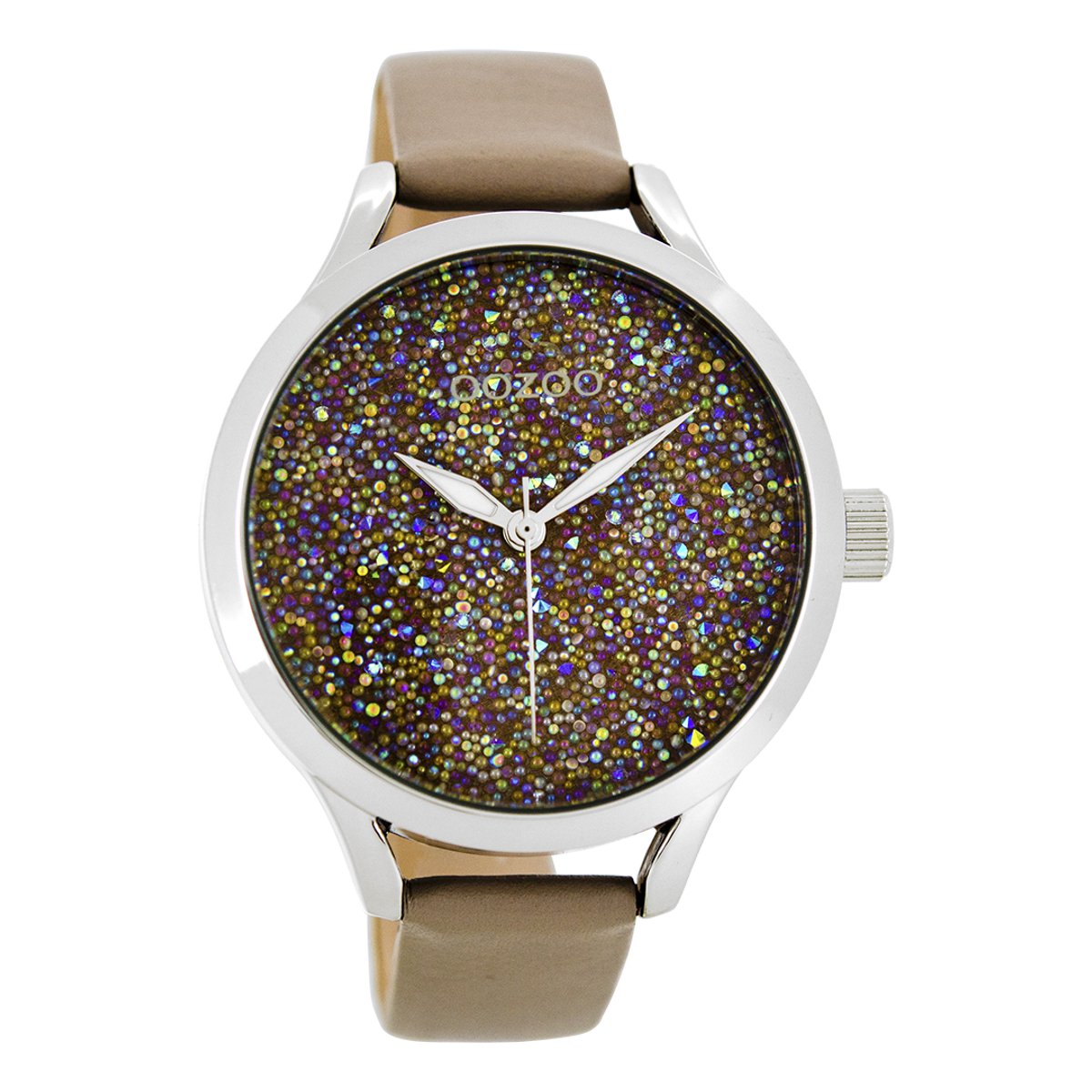OOZOO Timepieces - Zilverkleurige horloge met taupe leren band - C8647