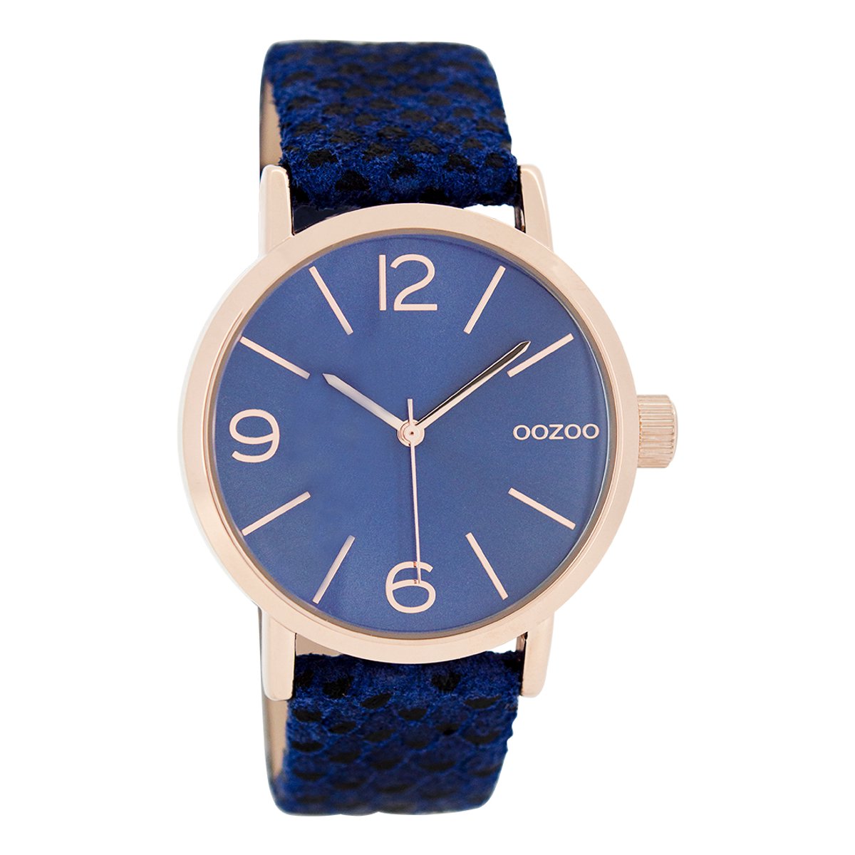 OOZOO Timepieces - Rosé goudkleurige horloge met donker blauwe leren band - C7577