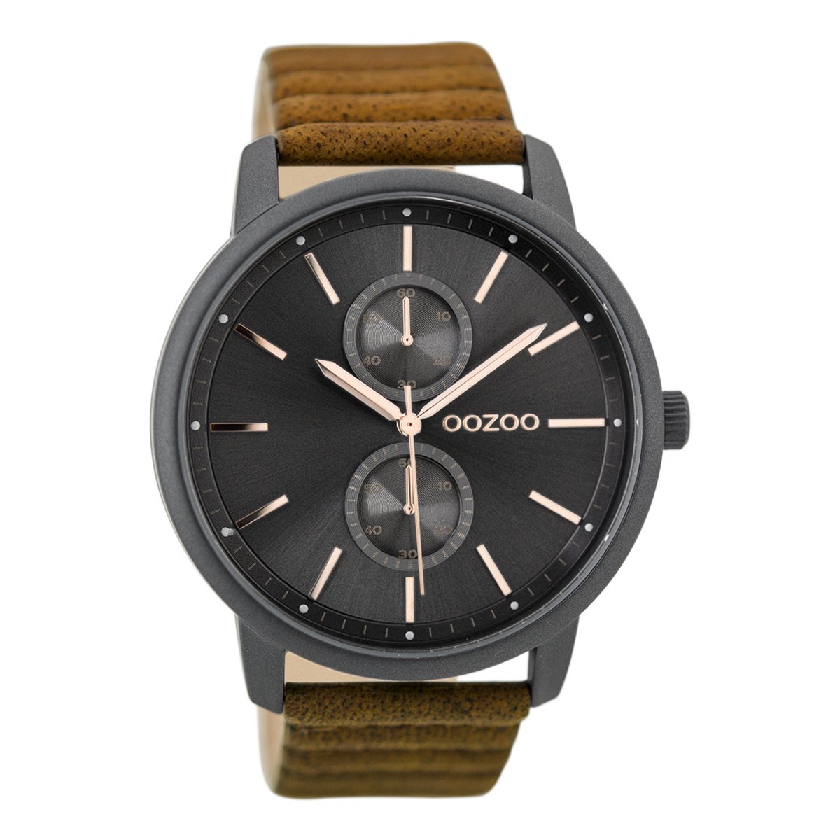 OOZOO Timepieces - Zwarte horloge met bruine leren band - C9452