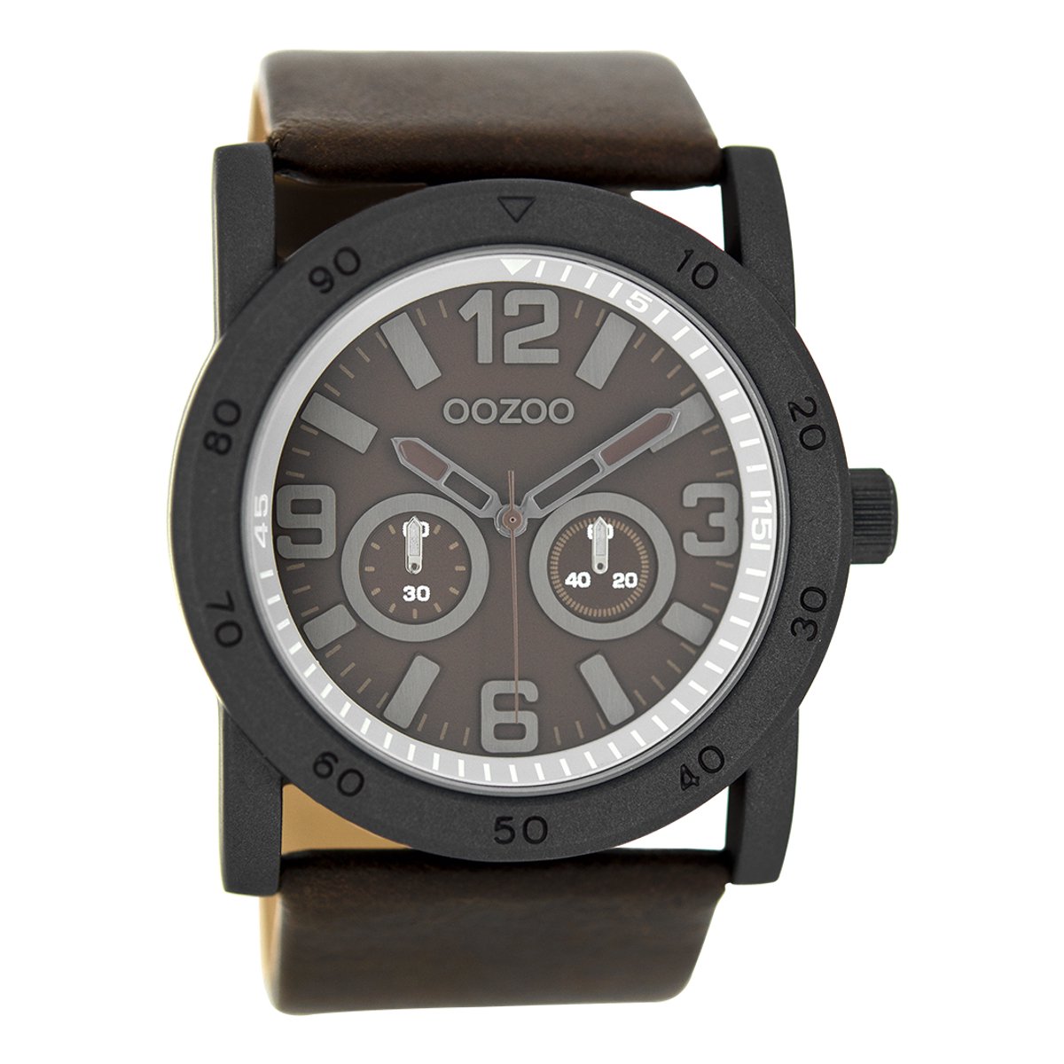 OOZOO Timepieces - Zwarte horloge met donker bruine leren band - C8308