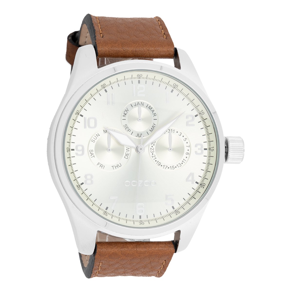 OOZOO Timepieces - Zilverkleurige horloge met cognac leren band - C8596
