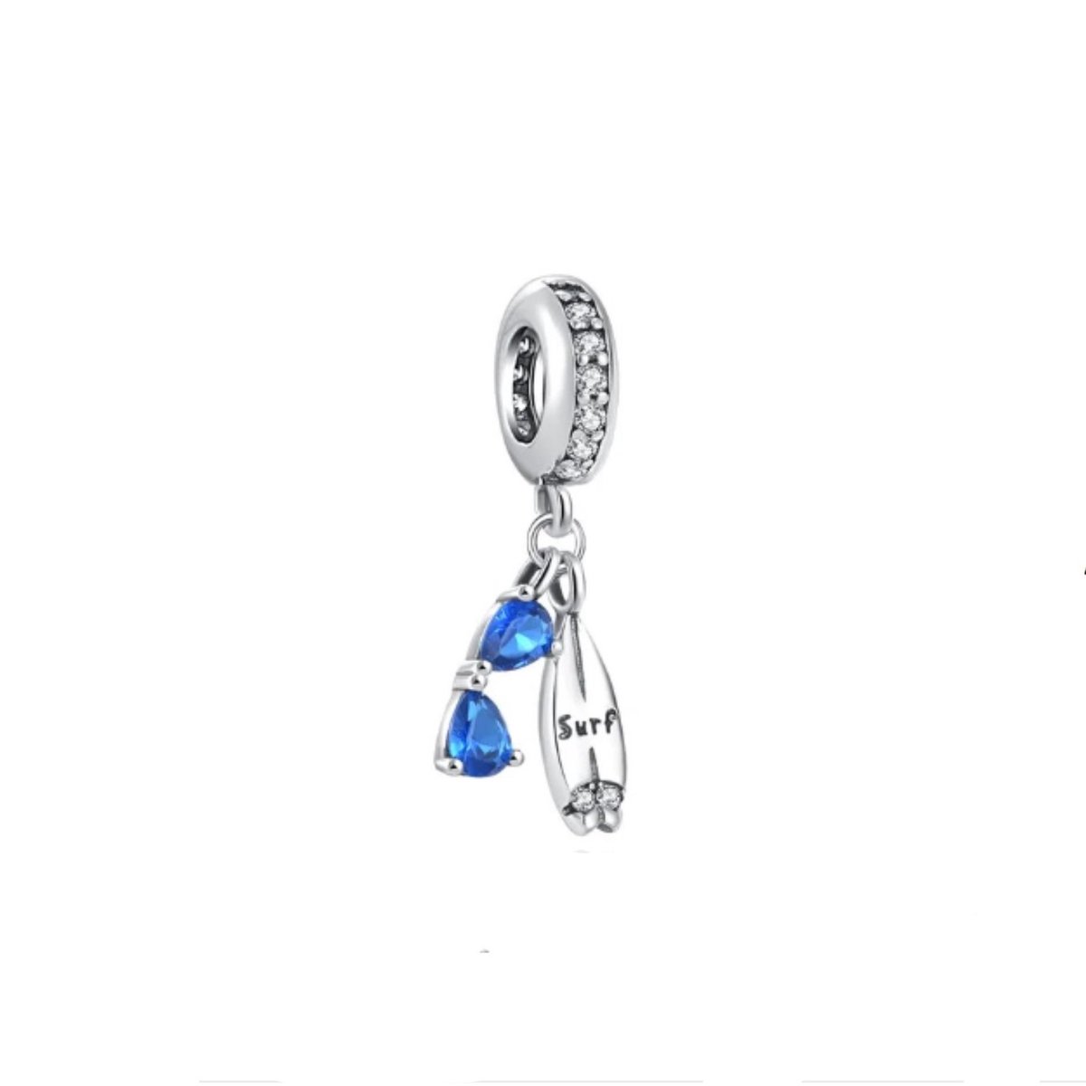 SportPresent® - Sportbedel - Surfplank - Bril - Surfen - Zonnebril - Zomer - Zee - Zon - Oceaan - Surfer - Sport - Charm - Zilver - 925 - Ketting - BedelArmband - Sleutelhanger - Teamkado