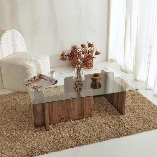 Table basse - noyer - 105x30x65cm - verre trempé - Rétro - table d'appoint verre