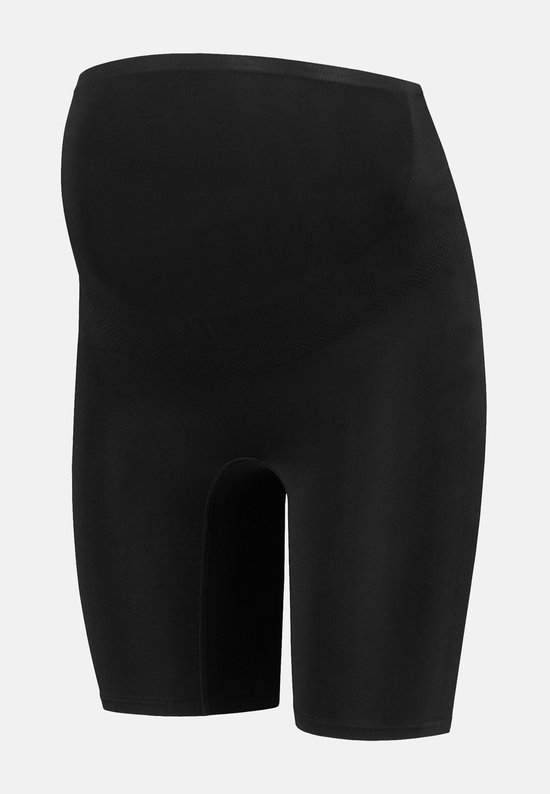 Zwarte naadloze zwangerschapsshort met hoge taille en beenlengte tot halverwege de dij