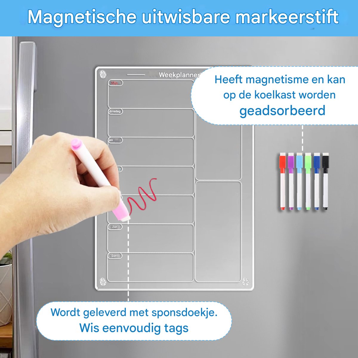 Acryl Magnetisch Menu Bord voor Keuken - Acryl Weekkalender voor Koelkast - Acryl Whiteboard voor Koelkast - met 6 Magnetische Uitwisbare Markers - 20x30cm — cadeau in Kookcadeaus - foto 2