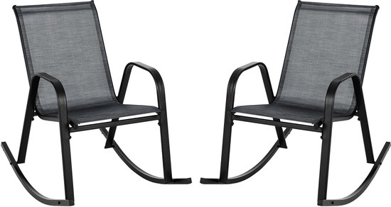 Twee identieke zwarte schommelstoelen op een witte achtergrond.