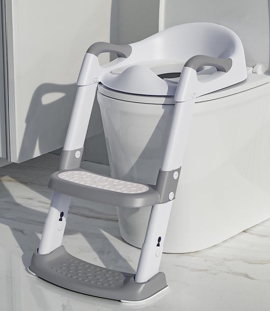 Siège de toilette pour enfants avec marchepieds, réducteur de toilette pour garçons et filles, siège de toilette pour enfants avec support de toilette rembourré, réglable en hauteur et pliable, antidérapant pour enfants (blanc/gris)