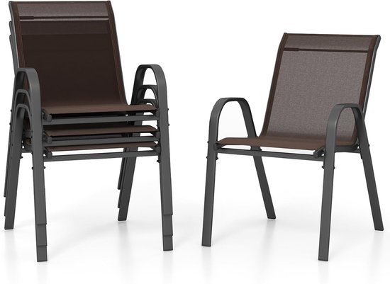 COSTWAY Set de 4 chaises de jardin empilables, chaises empilables en tissu et structure en métal, chaises de terrasse avec accoudoirs, chaises de balcon, capacité de charge jusqu'à 150 kg, 56 x 70 x 84 cm, marron