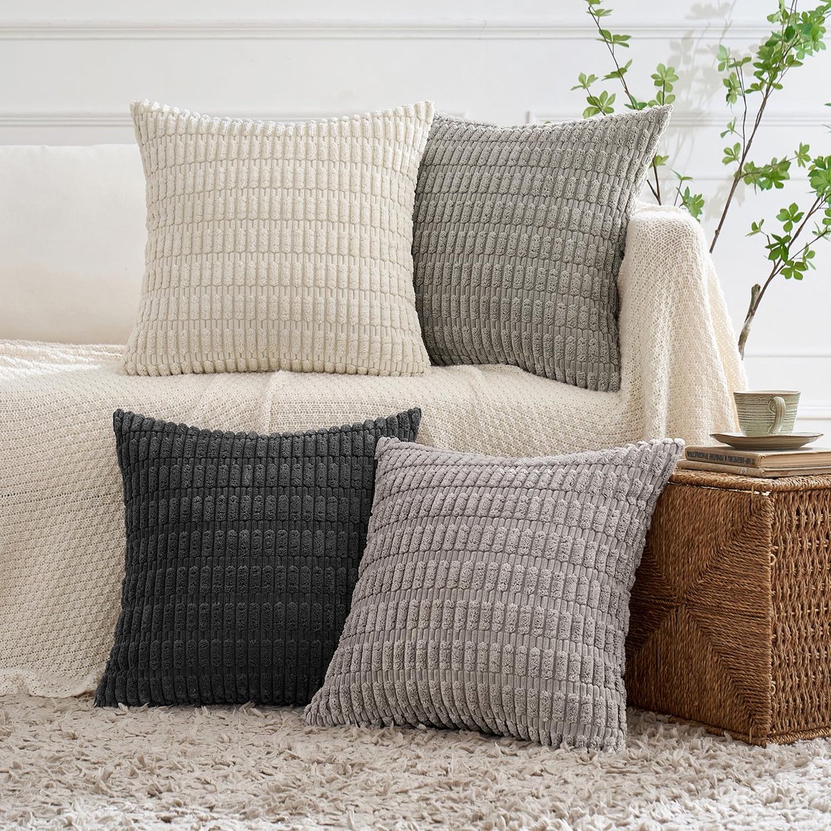 My Ninki ® Set van 4 Moderne Corduroy Kussenhoezen in Grijze Tinten voor Diverse Interieurs grijs