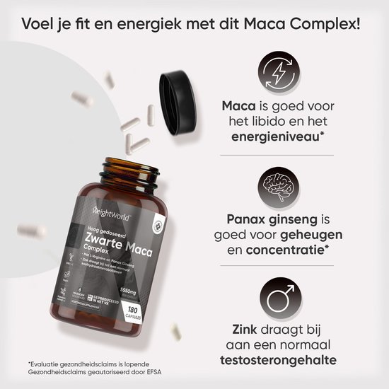 Pot 'WeightWorld Zwarte Maca Complex' met losse capsules. Tekst: 'Maca is goed voor libido en energieniveau'. 'Panax ginseng is goed voor geheugen en concentratie'. 'Zink draagt bij aan testosterongehalte'.