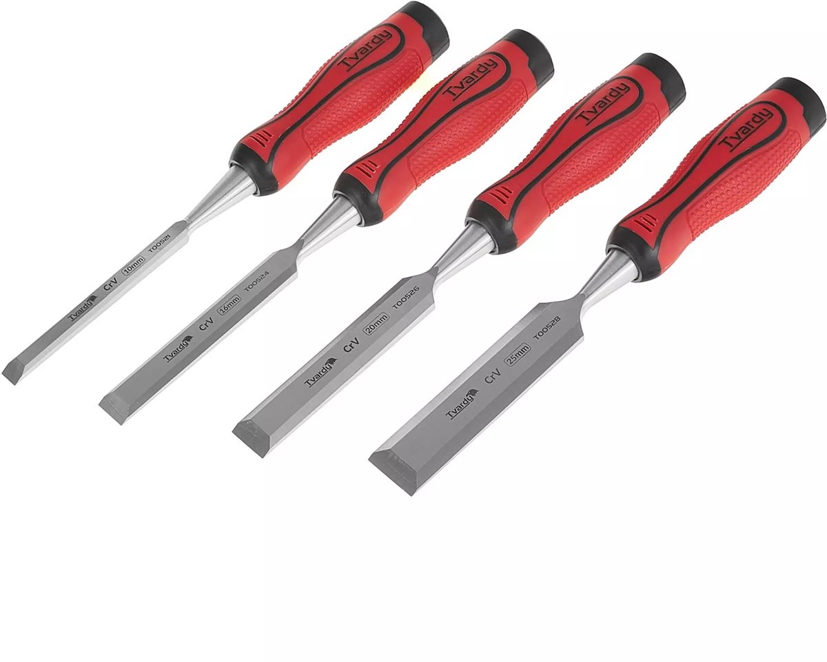 Tvardy Set platte houtbeitels - CrV staal - Ergonomisch - 4 stuks - 10-25 mm