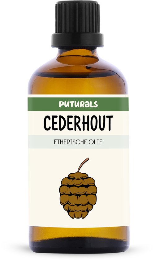 Amberkleurige fles Puturals cederhout etherische olie met etiket en afgebeelde dennenappel.