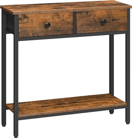 VASAGLE | Industriële Consoletafel | Tafel Van Gehard Glas Met 2 Laden En Rustieke Plank Decoratief Dressoir Woonkamer Of Gang Stabiel Ijzeren Frame