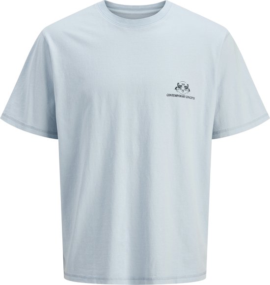 Lichtblauw T-shirt met ronde hals en kleine logoprint op de borst, tegen een witte achtergrond.