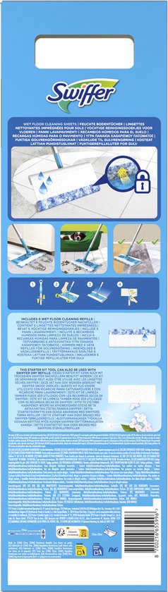 Arrière de l'emballage Swiffer Wet Kit avec des images montrant l'utilisation de la raclette et son contenu.
