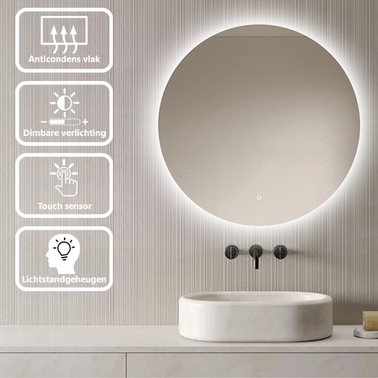 PESENXAN Asymmetrische spiegel met verlichting, 80 x 53 cm, 3 lichtkleuren, anti-condens, led, met aanraakschakelaar en geheugenfunctie, ideaal voor de badkamer