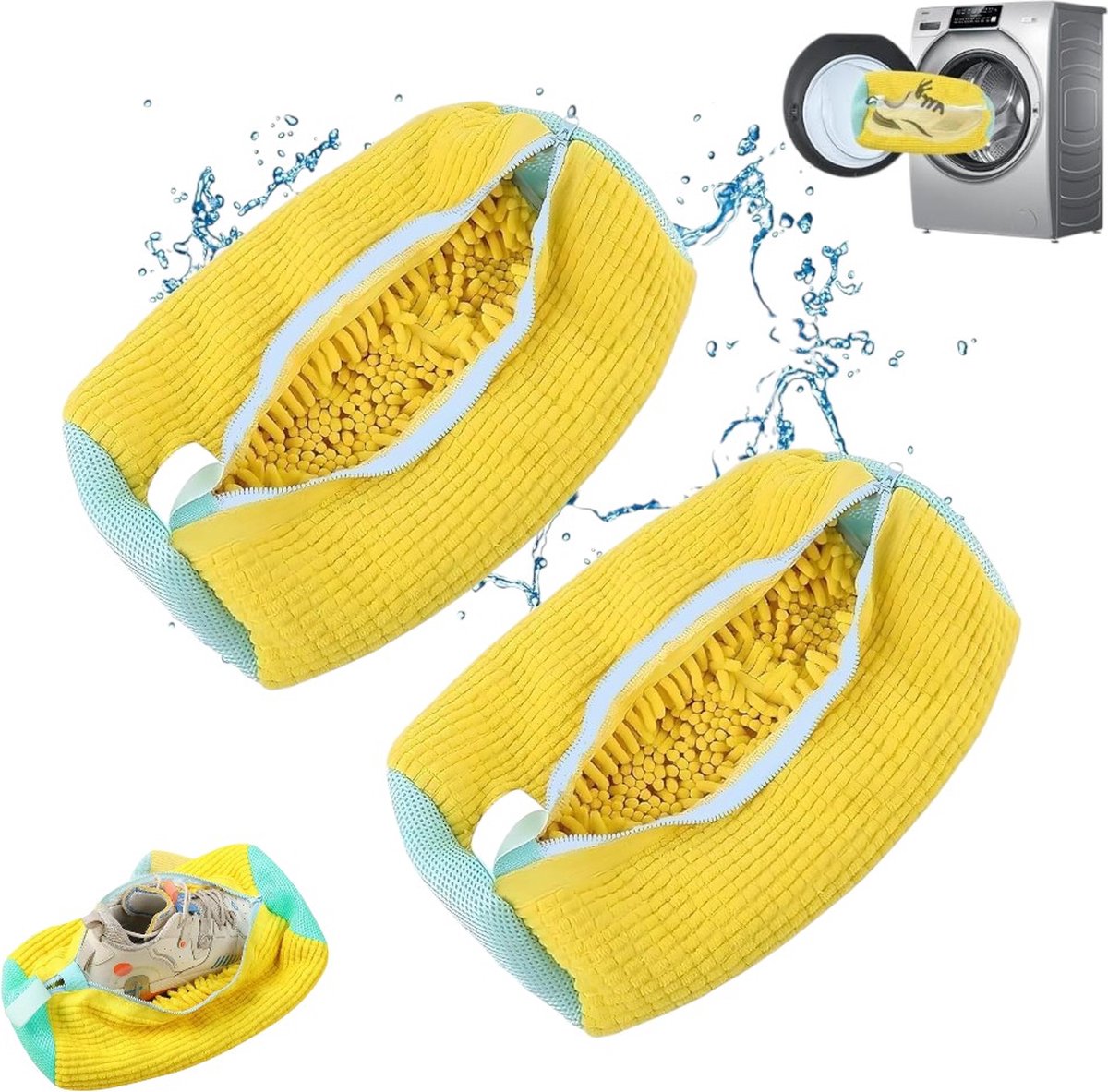 2-pack wasmachine schoenenzakken, herbruikbare schoonmaak schoenenzakken, schoen schoonmaak zakken met rits, mesh waszakken, geschikt voor de meeste soorten en maten schoenen (geel)
