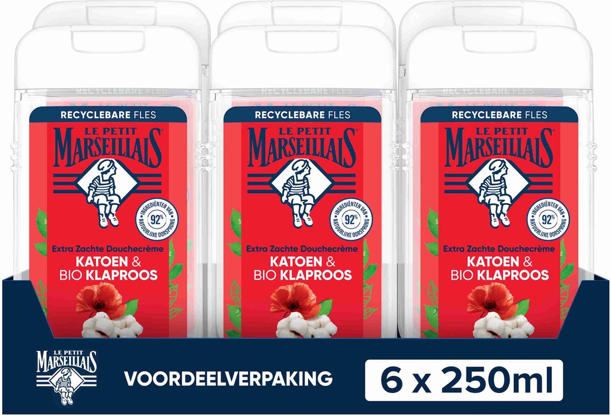 Goedkoopste Le Petit Marseillais douchegel voordeelverpakking - katoen en bio klaproos - extra zachte douchecrème - hydraterend - 6 x 250 ml