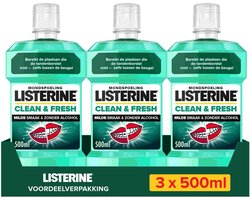 Listerine Clean & Fresh, mondwater met essentiële oliën en fluoride, zonder alcohol, bereikt de plaatsen die de tandenborstel mist – zelfs tussen de beugel, 3x500 ml