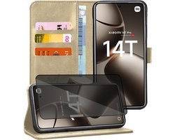 Hoesje geschikt voor Xiaomi Redmi 14T / 14T Pro - Privacy Screenprotector Volledig Dekkend Glas - Portemonnee Book Case Goud