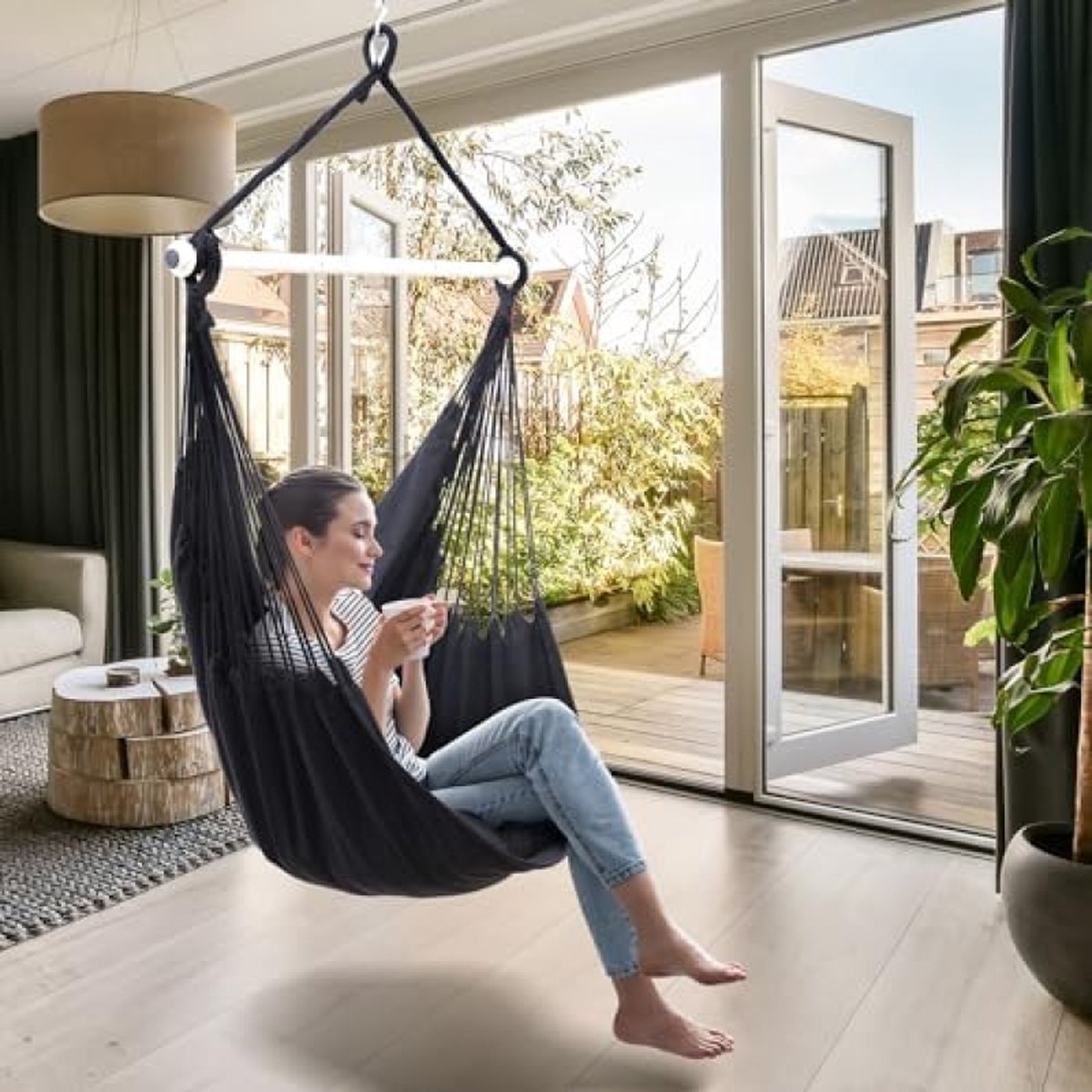 tectake Hanging Chair - Hanging Swing with Thick Cushions and Tassels - Boho Hanging Basket 80 cm - Hanging Chair with Frame for Garden, Balcony and Living Room - Nest Swing