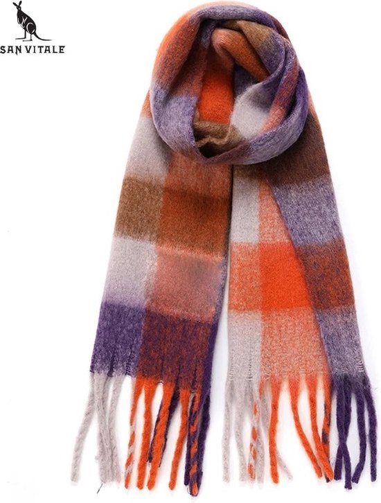 San Vitale® - 1.7 Luxe Winter Sjaal - Sjaal dames - Wol Mix - Omslagdoek - Geblokt - Paars/Oranje