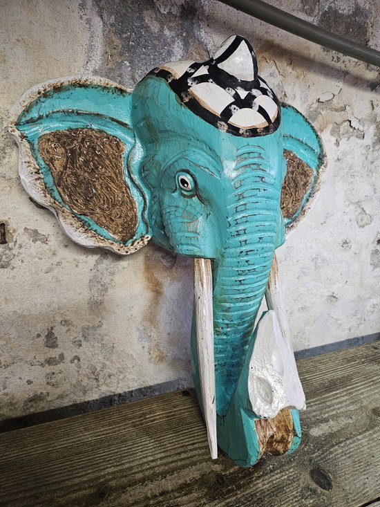 Houten handgesneden olifantenkop - Ibiza stijl