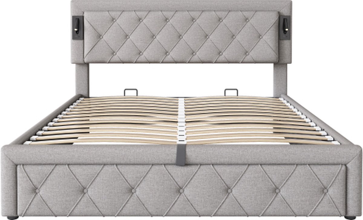 Gotagee Gestoffeerd bed 160x200cm tweepersoonsbed (zonder matras) hydraulische opbergruimte beddengoed grijs met downlight en USB-interface ruitvormig hoofdeinde