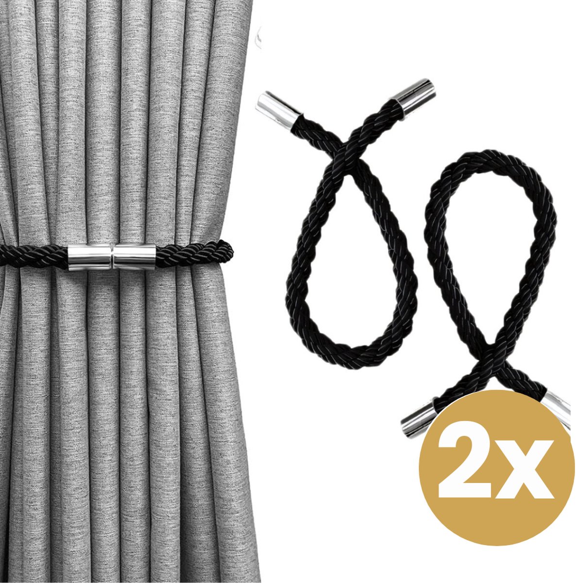 Home2go Gordijn Embrasse - Magneet Embrasse - raamdecoratieaccessoires - Gordijnhouder - Gordijn hanger - Gordijn Accessoires - Magnetisch Gordijnkoord - Zwart 50 cm - 2 Stuks