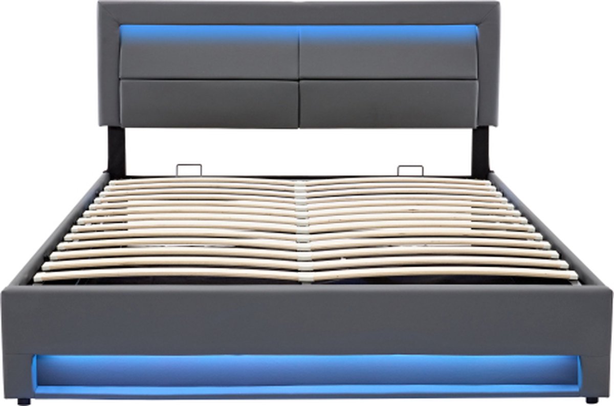 Gotagee Gestoffeerd bed 140x190cm (zonder matras) met USB-poort LED-verlichting en opbergruimte ondersteunt draadloos en bedraad opladen PU