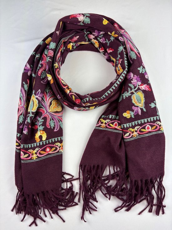 Foulard brodé de couleurs et de fleurs en 80% viscose et 20% coton