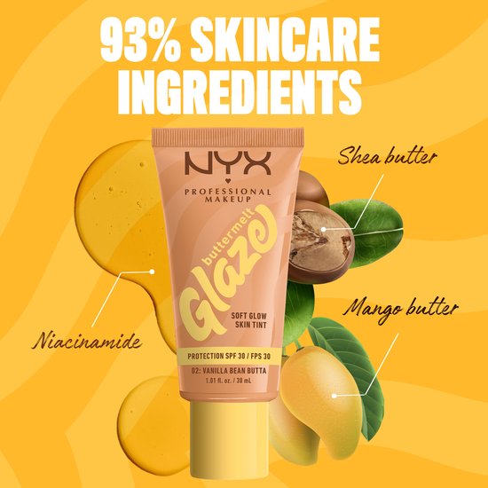 NYX Professional Makeup Fond de teint Vanilla Bean Butta Buttermelt Glaze - Tenue jusqu'à 12 heures - Protection SPF 30 - 1 - 30 ml
