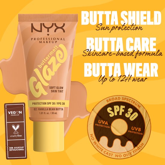 NYX Professional Makeup Fond de teint Vanilla Bean Butta Buttermelt Glaze - Tenue jusqu'à 12 heures - Protection SPF 30 - 1 - 30 ml