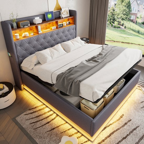 Dolamaní Gestoffeerd bed 160x200 cm fluweel met hoofdeinde grote rugleuning, hydraulische opbergruimte, tweepersoonsbed met lattenbodem, grijs
