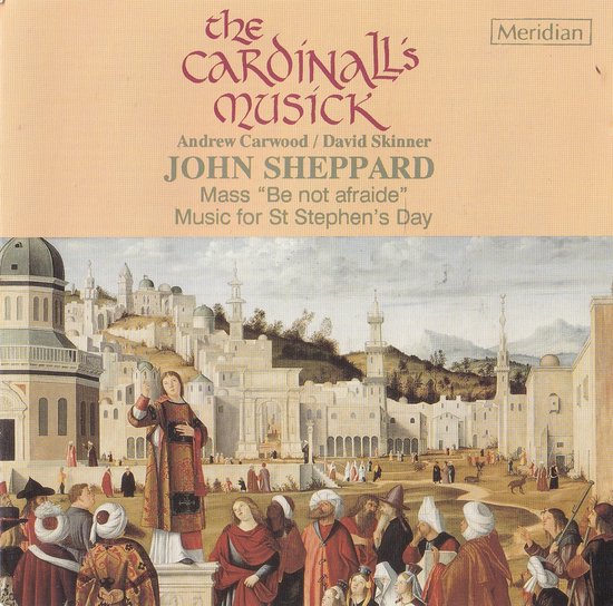 Albumhoes met schilderij van een religieuze menigte in een stad met arcades. Titel 'THE CARDINALL'S MUSICK'.